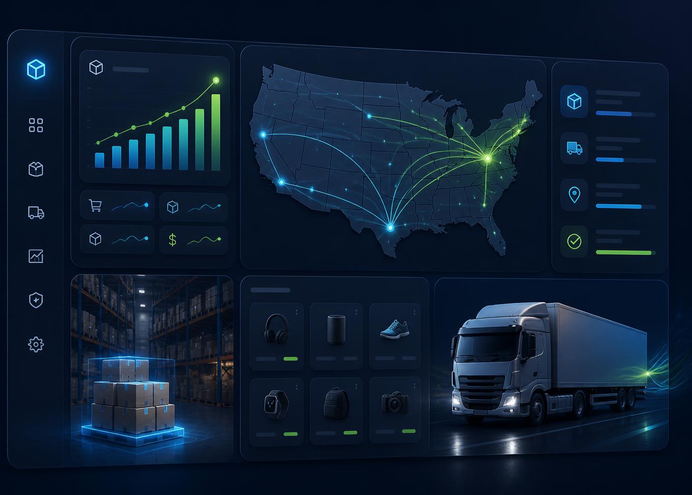 SimpleArtisik BD warehouse dashboard showing US shipping routes, live order analytics, and same-day fulfillment